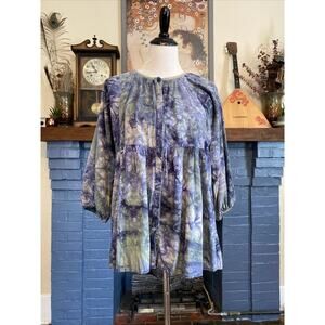 CABI S Tie Dye LINEN Blend Woodstock Top Oversized Boho Button Down Shirt